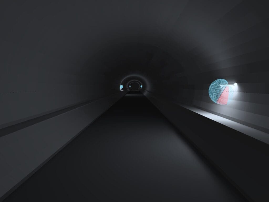 Etude d'éclairage dans les tunnels du Grand Paris Express - Simulation de l’éclairage de cheminement avec un éclairement minimum de 2 lux.