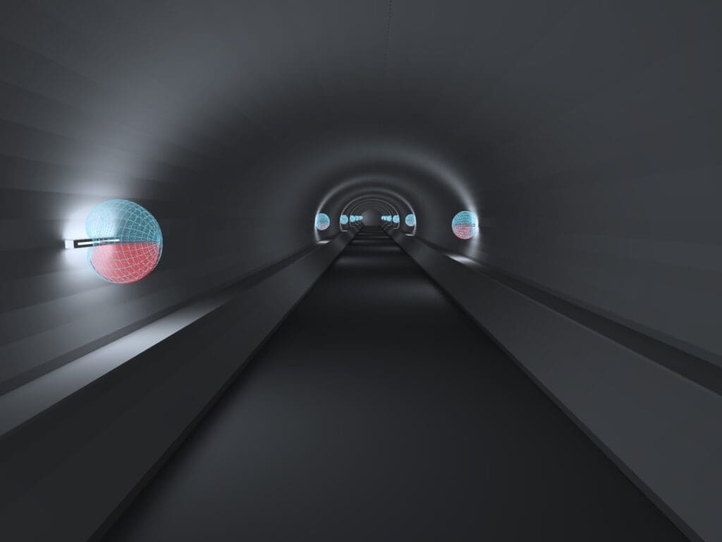 Beleuchtungsstudie in den Tunneln des Grand Paris Express - Simulation der Beleuchtung als Markierung mit einer durchschnittlichen Beleuchtungsstärke von 3 Lux.